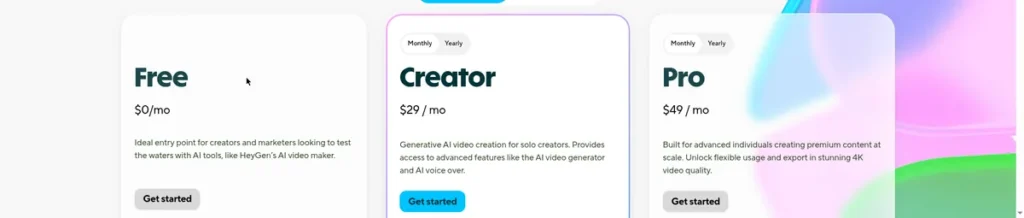 HeyGen pricing plans: Free, Creator $29/month, Pro $49/month
