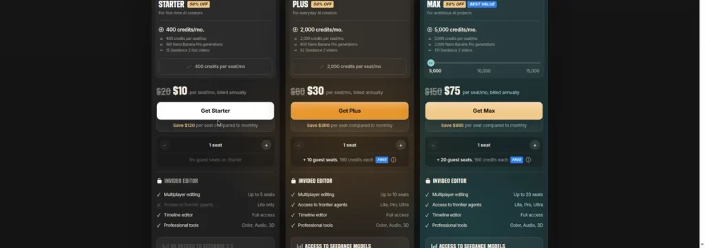 InVideo pricing plans: Starter $10, Plus $30, Max $75 per seat per month, billed annually